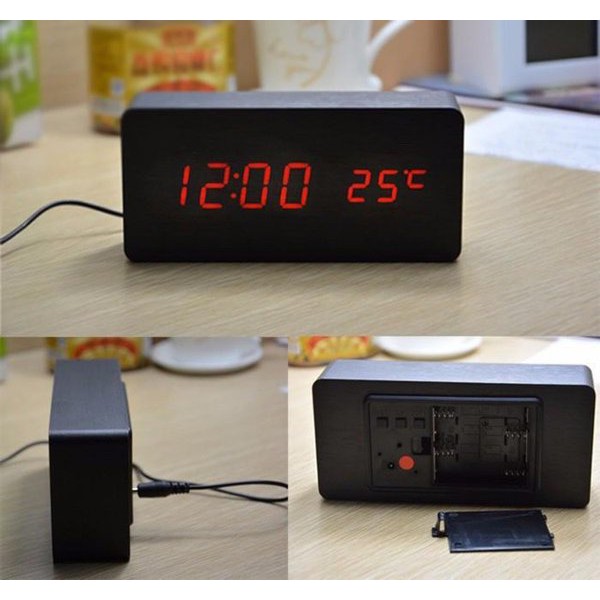 Jam Meja Kayu Digital Led Weker Digital Wood Alarm LED Clock Merah