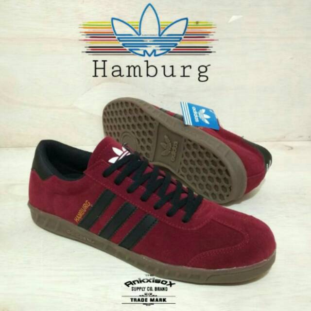 Sepatu Adidas Hamburg Merah Hitam / Red Black Sepatu Kets Formal Casual Skate Sekolah Kerja Kuliah