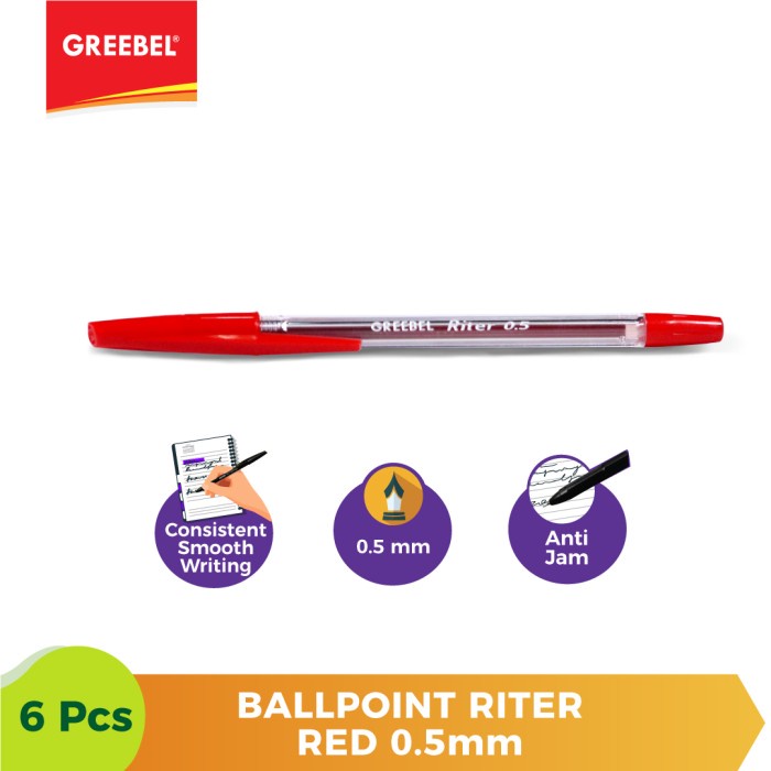 Ballpen Merah Pulpen Greebel Ballpoint Riter0.5 Red - 6pcs.