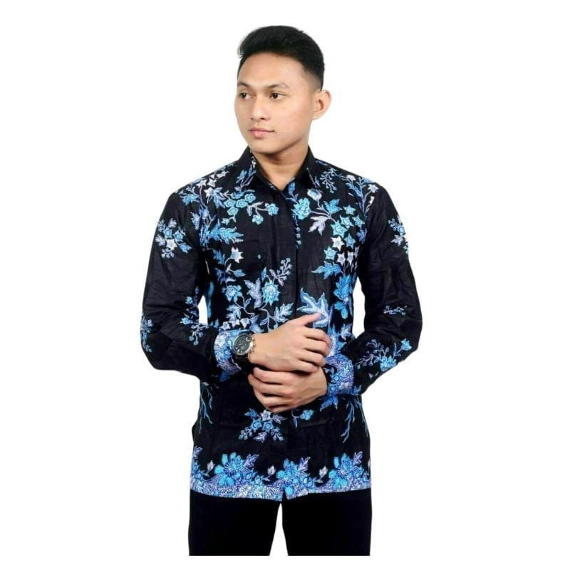 Batik Couple Keluarga Modern Sania Ruffle Ori Ndoro Jowi Dnt Motif cibulan biru-Kemeja