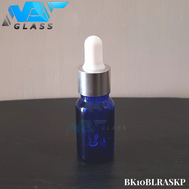 botol kaca pipet 10ml tebal biru - ring almunium silver