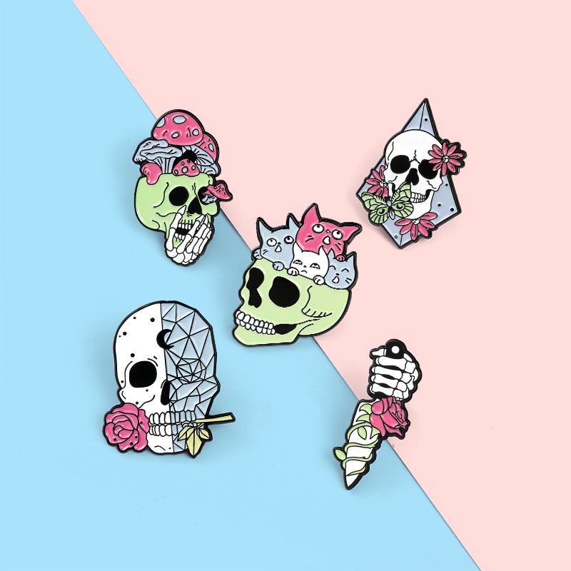 Bros Pin Enamel Bentuk Tengkorak Bunga 5 Gaya Punk Untuk Hadiah