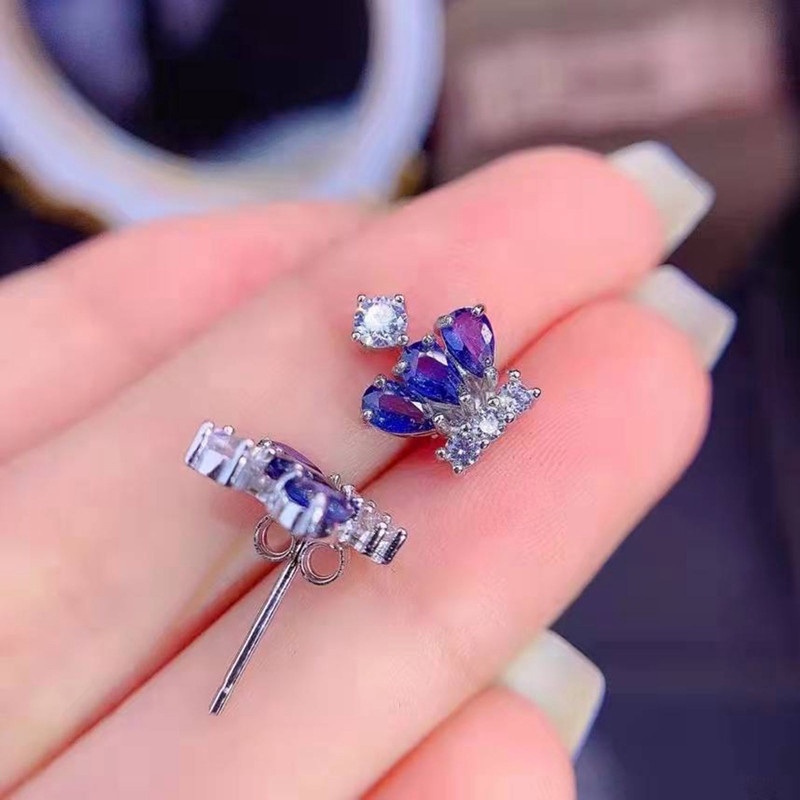 Anting Stud Desain Mahkota Tanzania Blue Sapphires Untuk Wanita