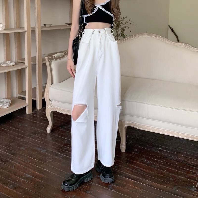 RIPPED JEANS IMPORT HIGHWAIST CELANA PANTS WHITE DENIM HW WANITA CEWEK BAGGY SOBEK MX843