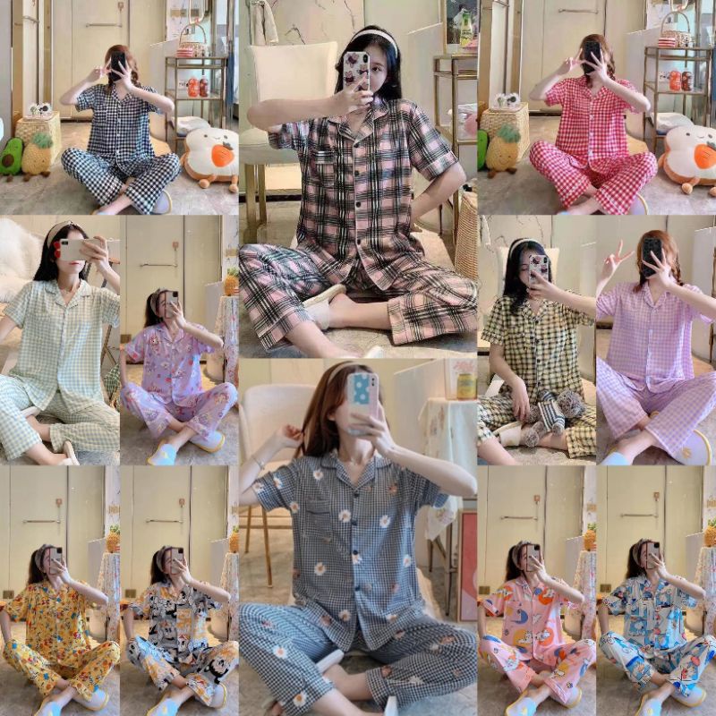 RULIF Baju tidur wanita / Piyama Cp baju tidur wanita krah pendek import kotak freesize