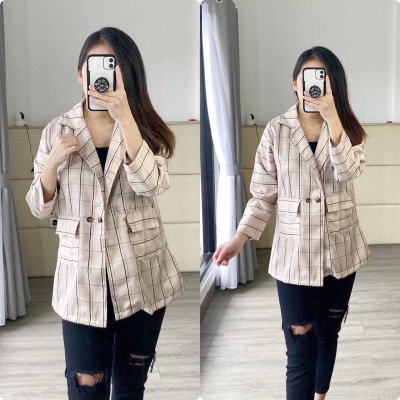 real pic blazer wanita lengan panjang / blazer plaid / blazer formal / blazer kerja / blazer hangout