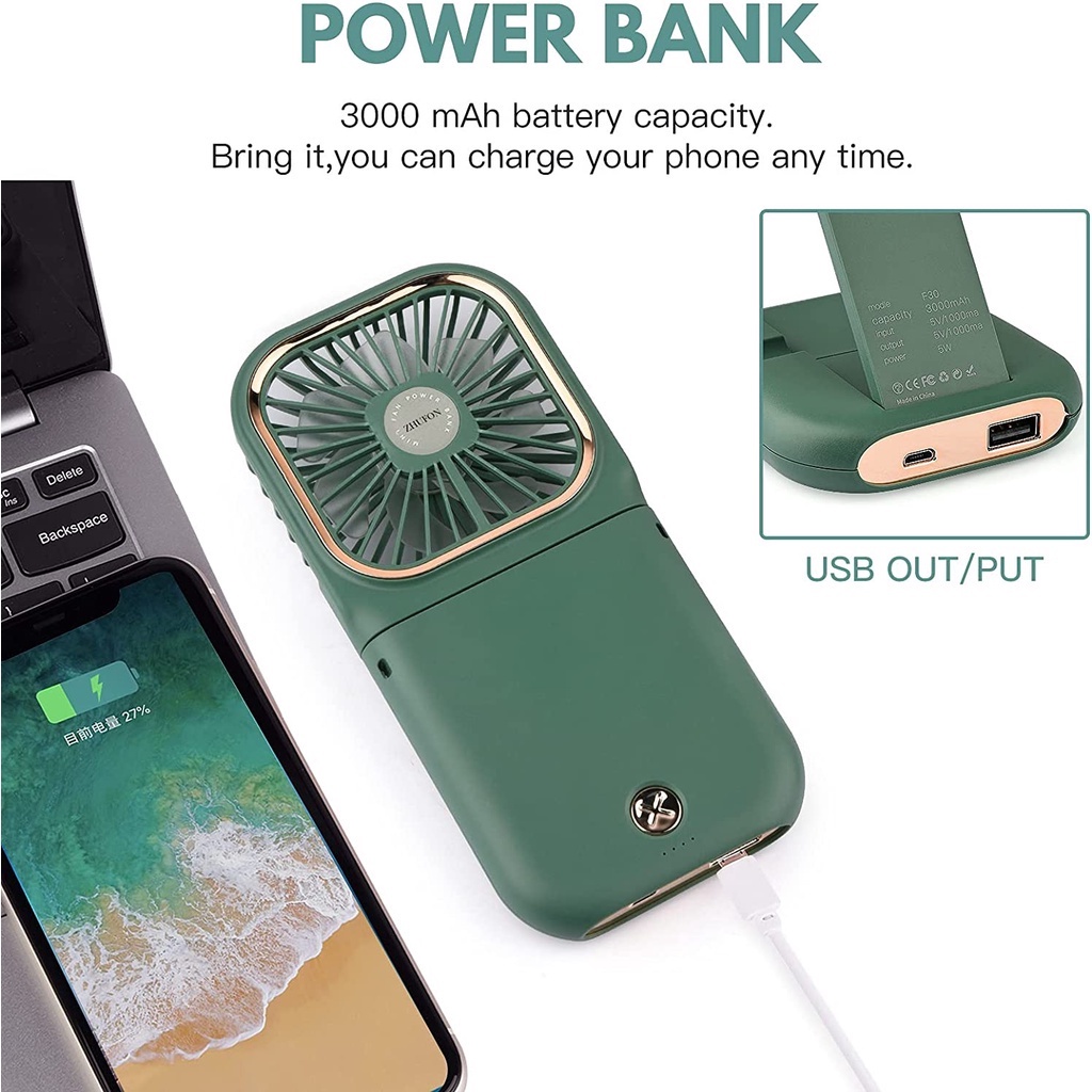 Kipas Angin Portable Mini USB Lipat Dudukan Ponsel Dan Powerbank 3000mAh Kipas Mini Portable/kipas Angin Mini/Power Bank/3 in 1 Kipas Genggam/Kalung Leher Mini Fan/kipas Mini