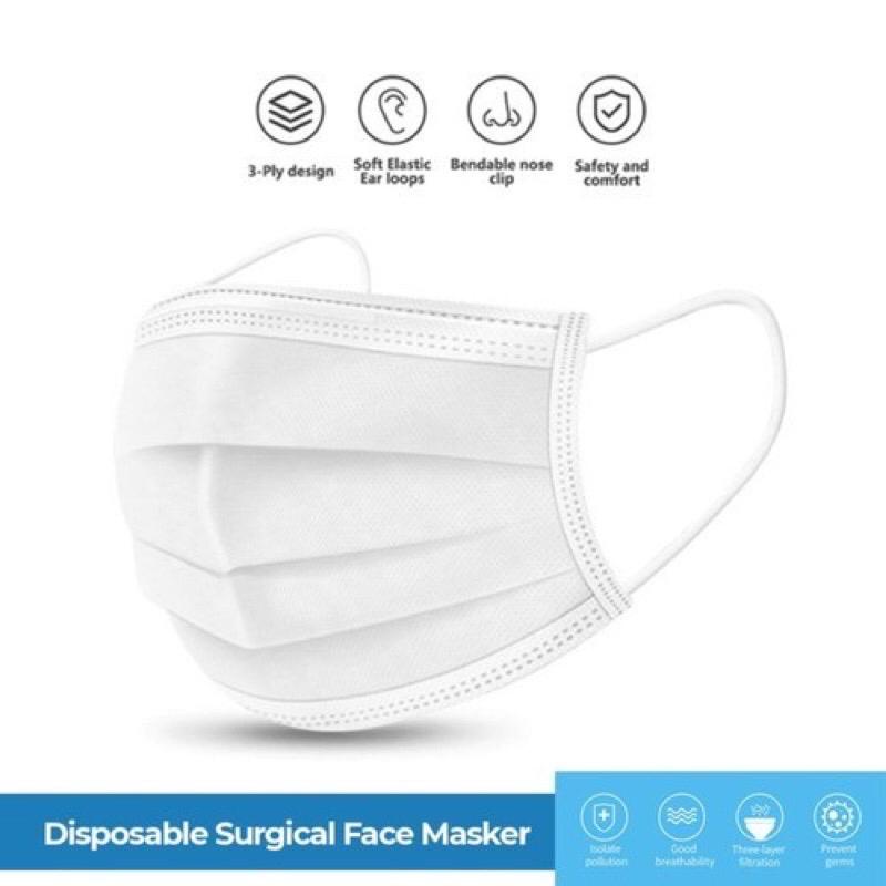 DISPOSABLE FACE MASK 3ply MASKER MEDIS WARNA PUTIH WHITE SURHICAL CARE