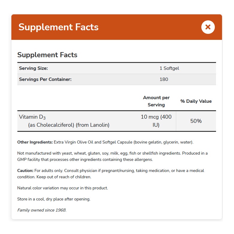 NOW FOODS Vitamin D3 400 IU 180 softgel - Vit D MADE IN USA 400IU