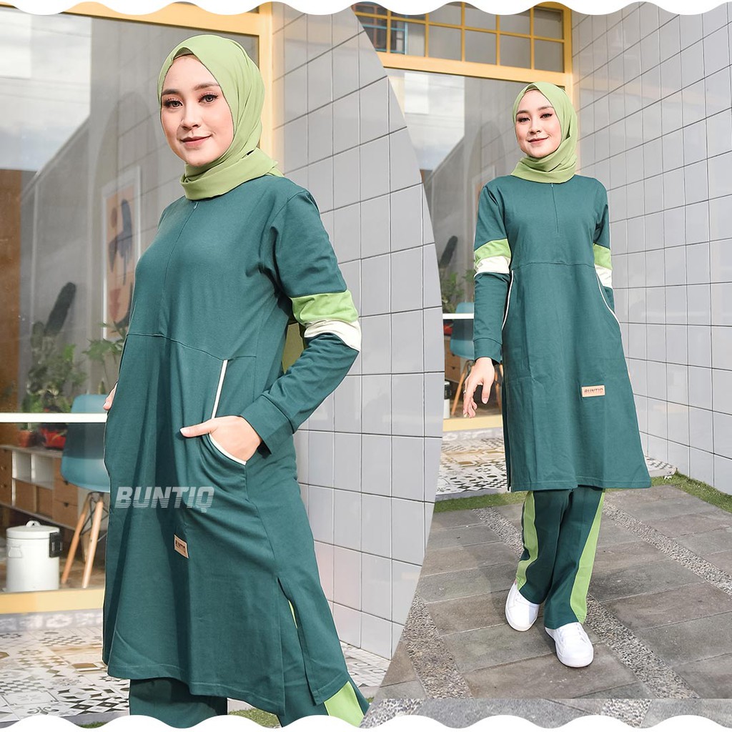 Baju Olahraga Muslimah Buntiq Emerald Setelan Kaos Olahraga dan Celana Olahraga Muslimah Baju Senam