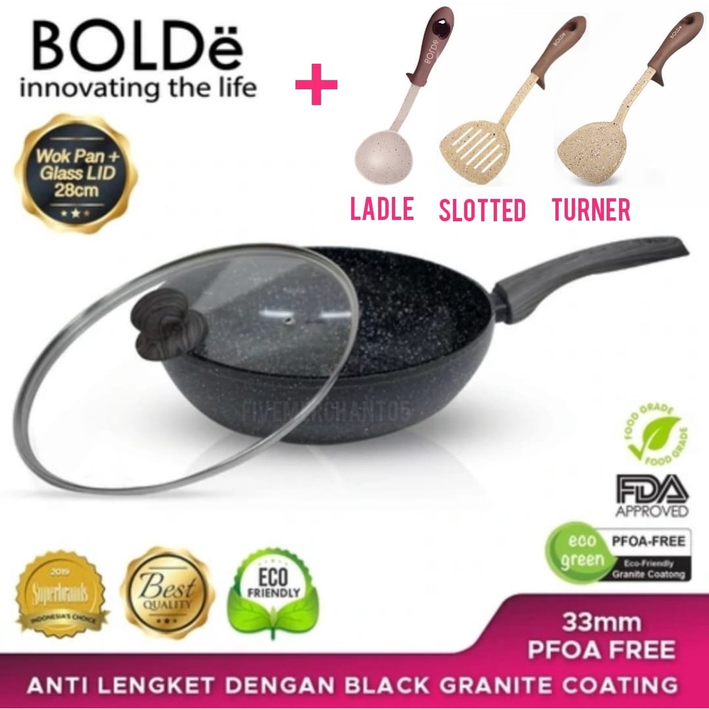 Bolde Wok Pan Dark Knight 28cm + Glass Lid Panci Tutup Kaca Induksi Wajan Tutup Kaca Fry Pan Bolde