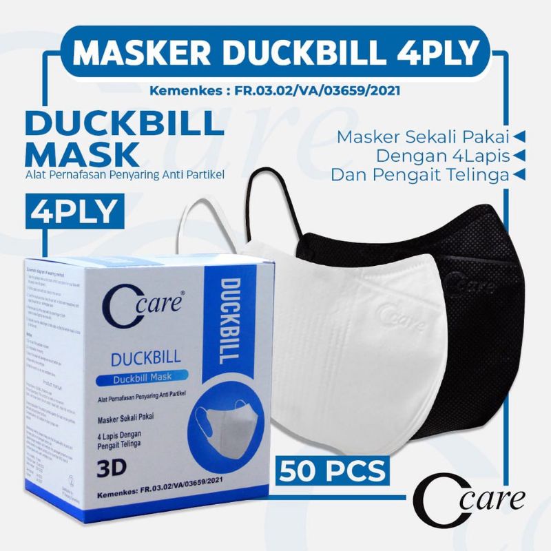 ENZ ® Masker Duckbill CAREION 3Ply isi 50Pcs Putih Hitam Warna Duckbill Earloop Mask Kemenkes 1076