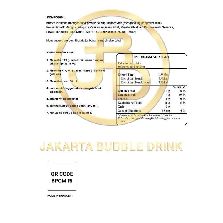 Bubuk Minuman Premium MANGO -Jakarta Bubble Drink | BPOM&amp;HALAL