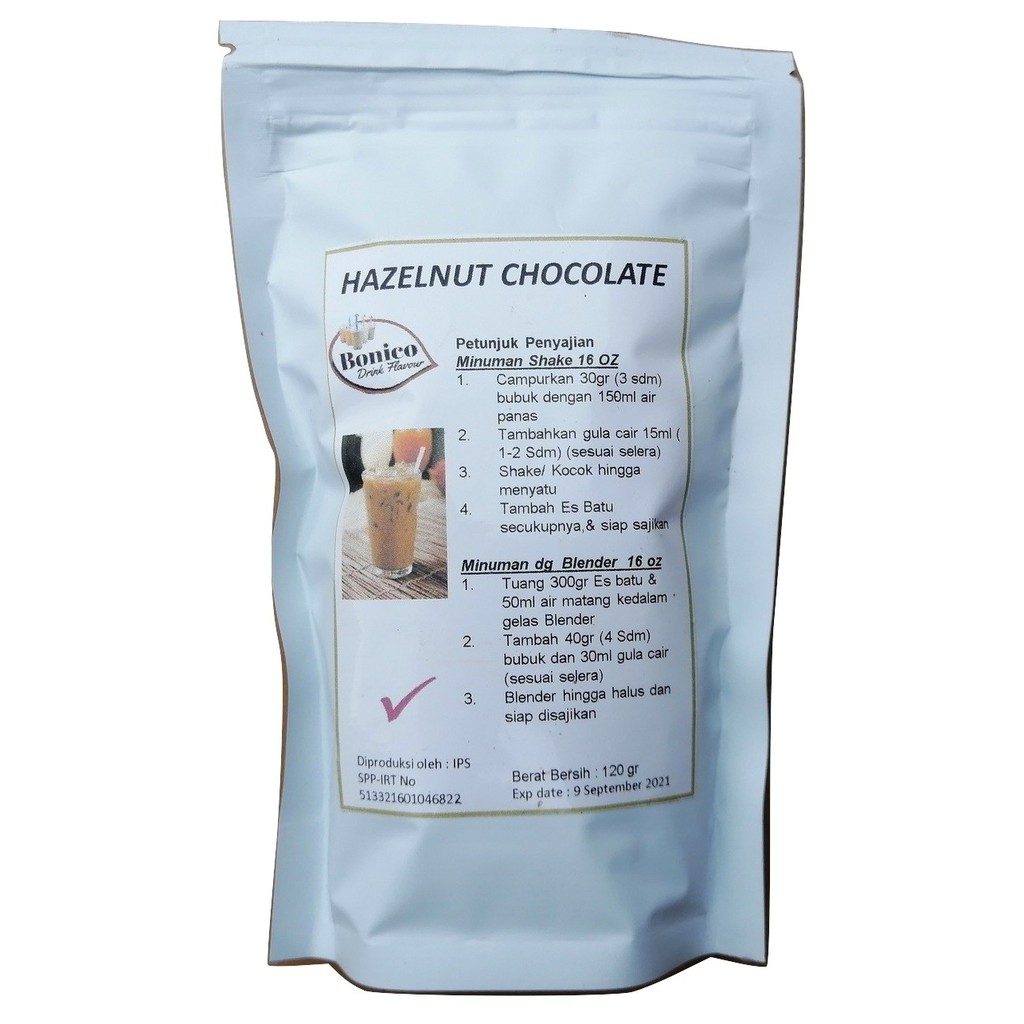 

BONICO HAZELNUT CHOCOLATE drink powder 120gr Bubuk minuman Ice Blend milk shake HAZELNAT Coklat