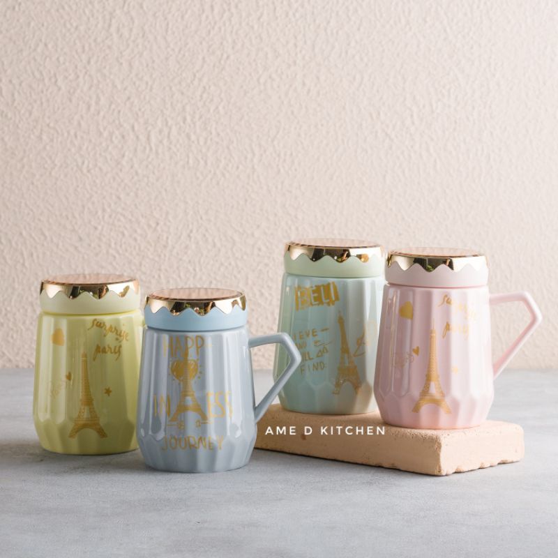 Mug bijian keramik pastel tutup putar paris + gift box