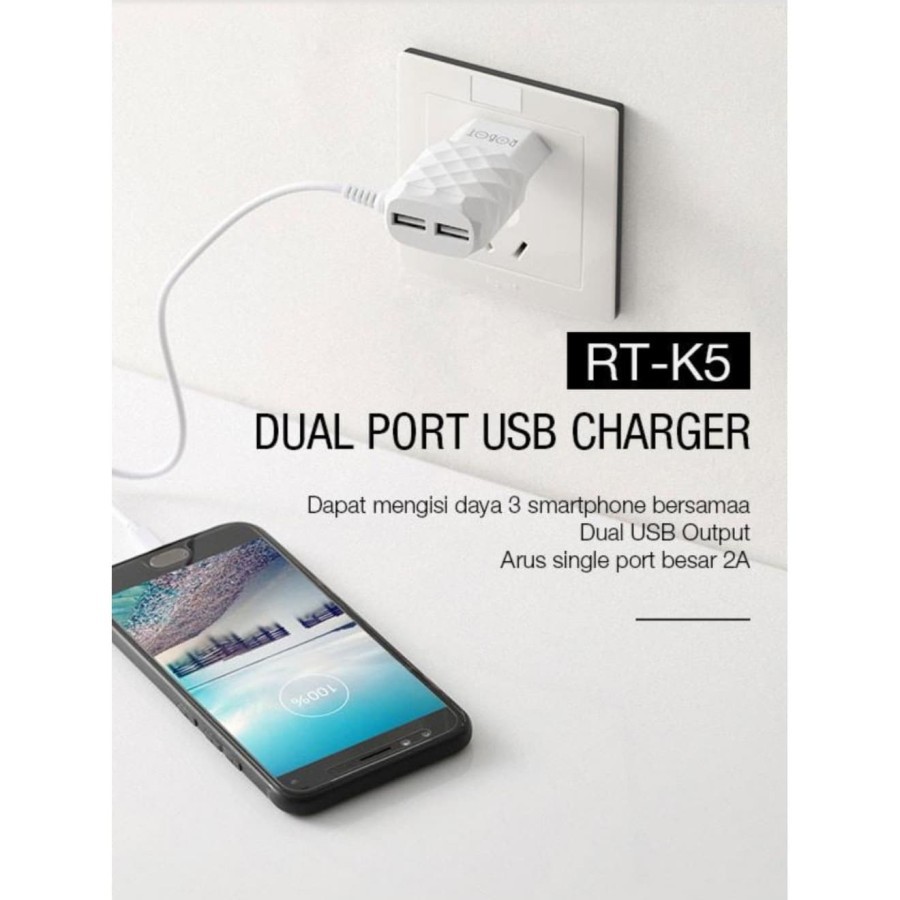 NA - Charger 2A Robot 2 Usb Real Output - Kepala Charger Kabel K5