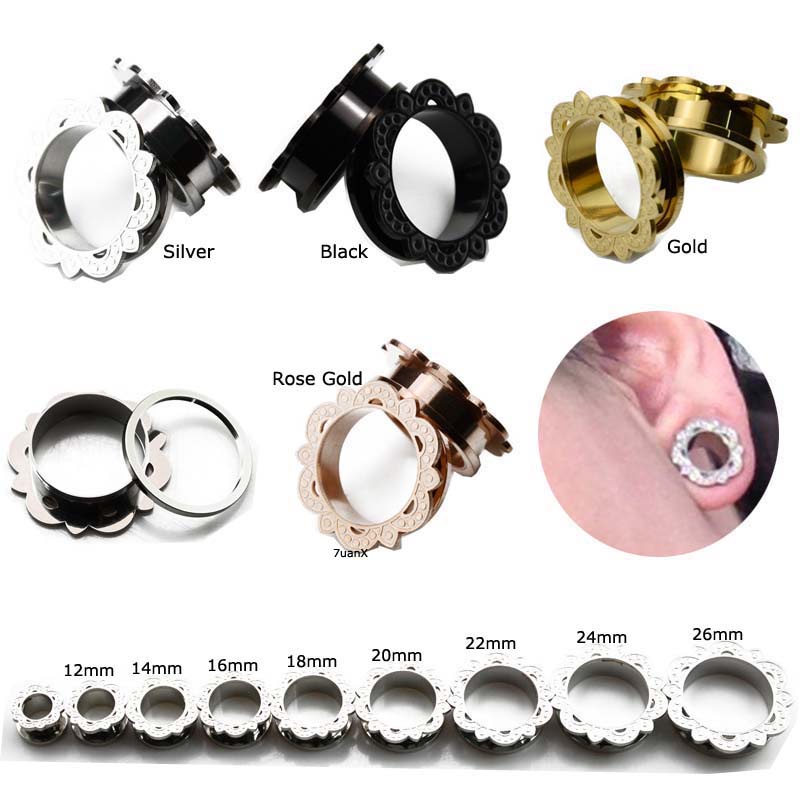 2 Piece Lace Cutting Screw Tunnel Earring Stainless Steel Lobe Piercing Ear Expander Jewelry