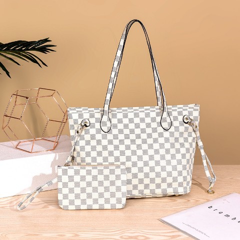 BJ31875 (2IN1) - BLACK/BROWN/WHITE SQUARE - TAS BAHU SHOULDERBAG MOTIF KOTAK JINJING TOTEBAG HANDBAG FREE POUCH TAS WANITA FASHION IMPORT MODIS ELEGAN TERMURAH TERLARIS TERBARU BAGSTORE JAKARTA TAS BATAM ZCJ0129 CR7482 LT1875 BQ3211
