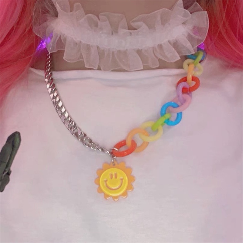 Korea Harajuku Style Sunflower Necklace Colorful Chain Stitching Necklace