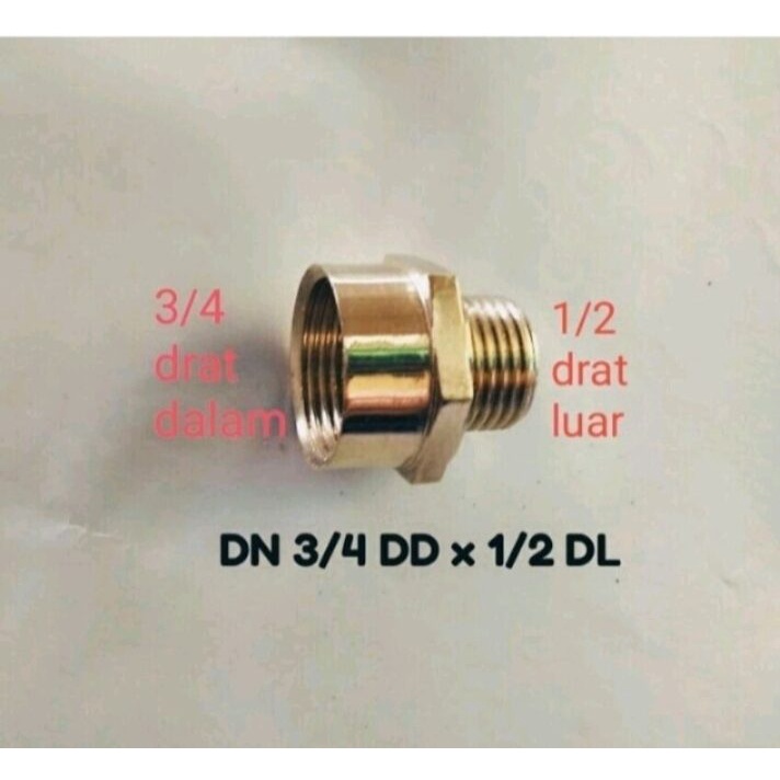 Kuningan Dobel sok drat 3/4 drat dalam x 1/2 drat luar