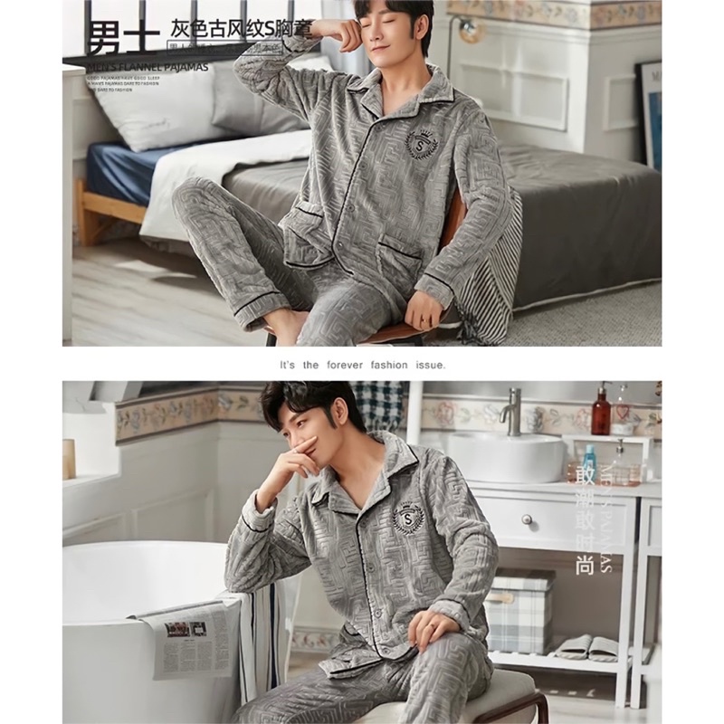 Men pajamas winter import baju tidur musim dingin piyama set cowok hangat atasan dan bawahan big size