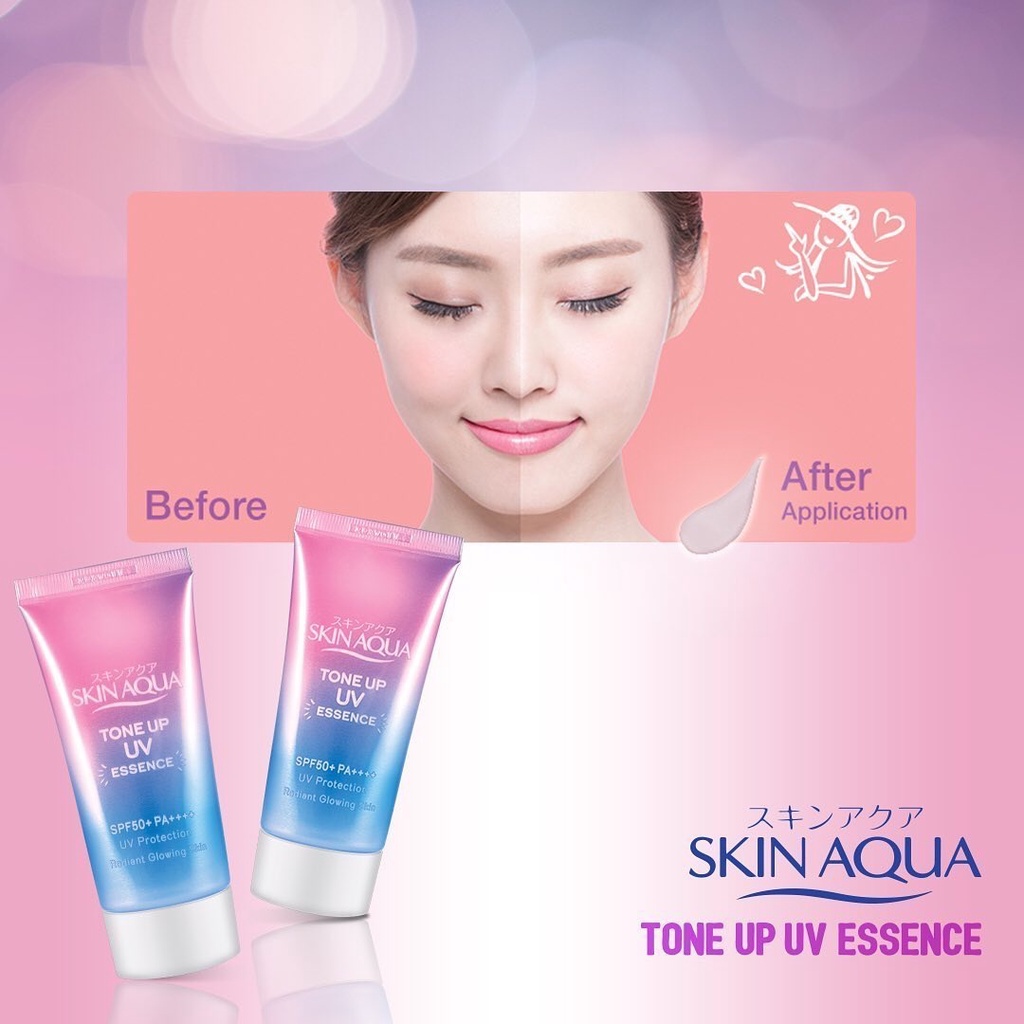 SKIN AQUA Sun Care Japan / UV Moisture Whitening Mild Milk Gel SPF 50 30 25 20 PA++++ Face &amp; Body / Tone Up UV Essence SPF50+ PA++++ Protection Radiant Glowing Skin 40gr / Violet Mint Green / Sunscreen Sunblock Sunblok / Paket Set Wajah Face Body Rohto