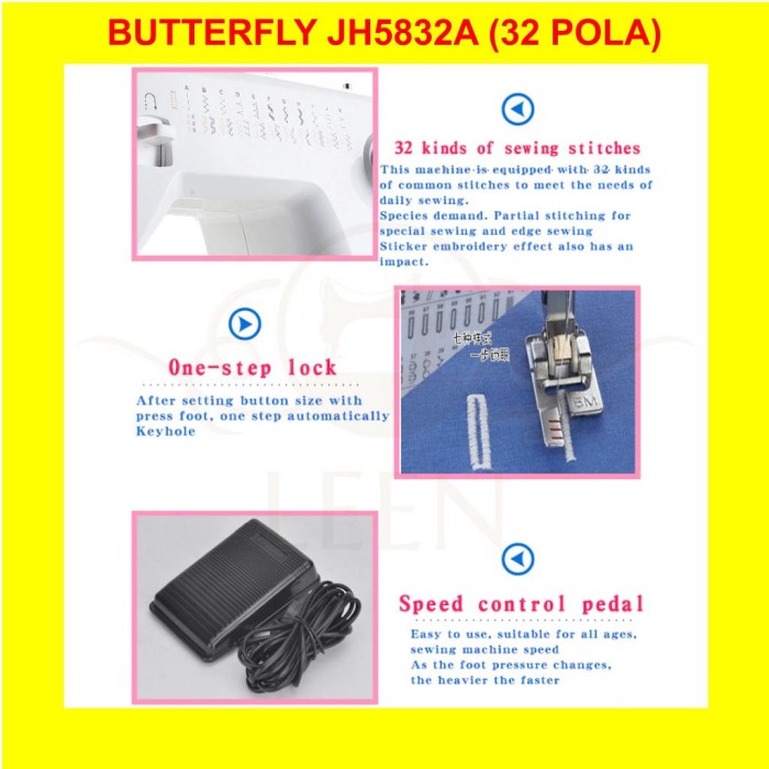 Mesin Jahit Portable BUTTERFLY JH 5832A 32 Pola Multifungsi ORI JH5832A LEEN