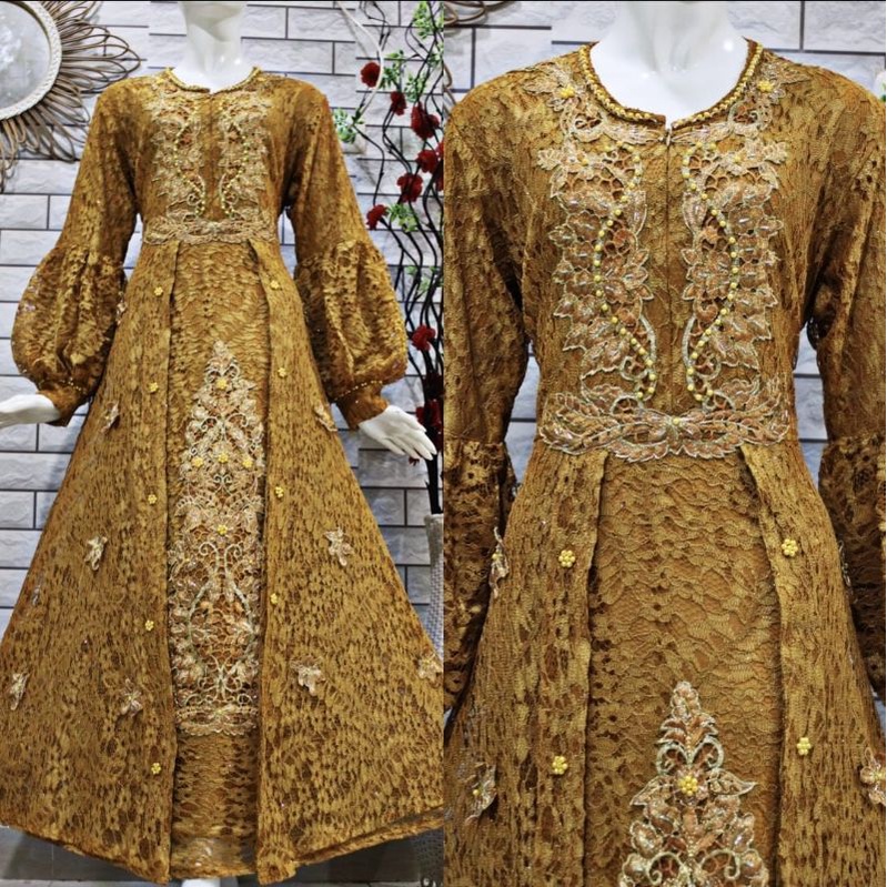 gamis full brokat mewah / gamis mewah terbaru / baju pesta modern / baju pesta kekinian / gamis