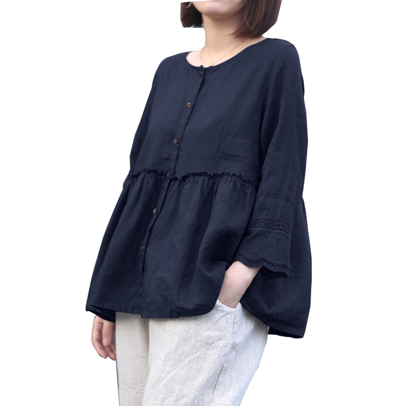 ZANZEA Women Flare Sleeve Cotton Linen Button Down Casual Loose Blouse