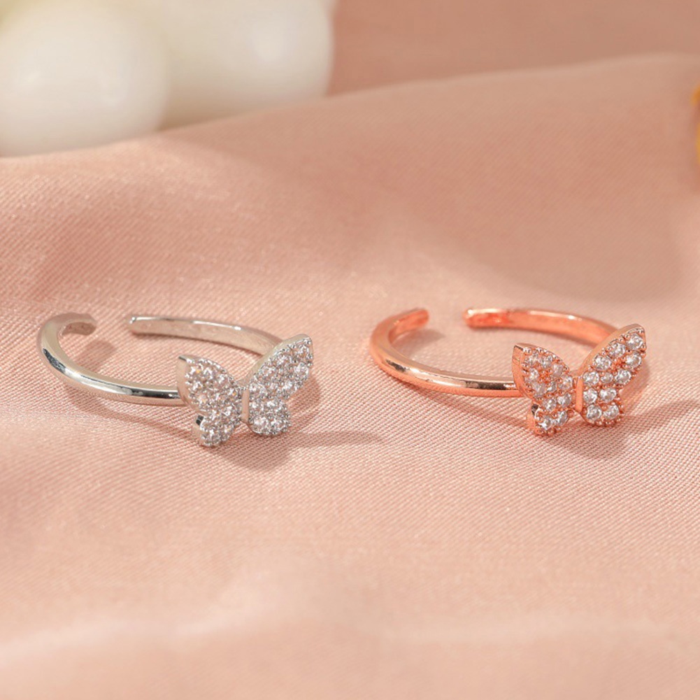 Hu Hu Hu Hu Hu Alat Bantu Pasang Kacamata♡ Cincin Model Terbuka Adjustable Desain Kupu-Kupu Aksen Berlian Imitasi Untuk Wanita