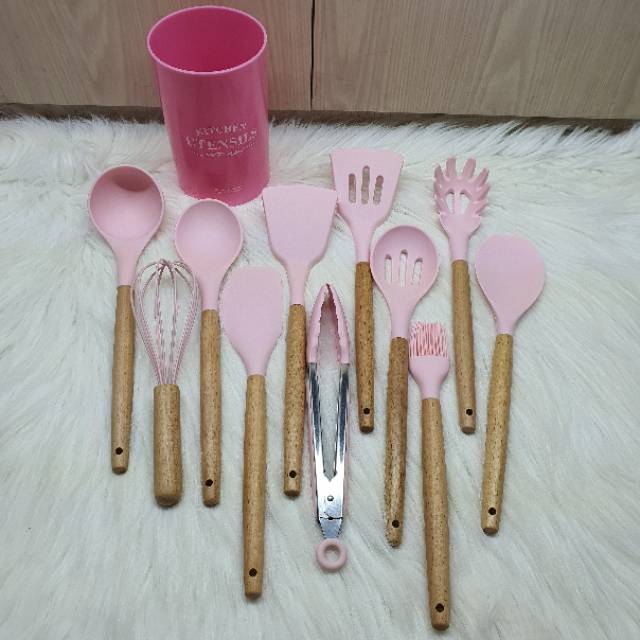 12pcs cooking utensil spatula set with wooden handle /alat masak silikon sutil centong whisk tongs