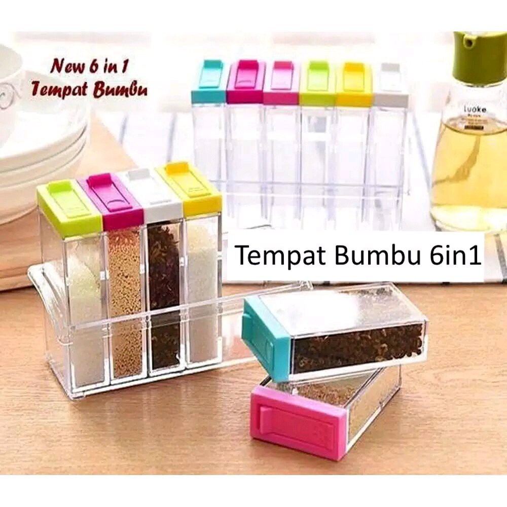 Rak bumbu 6 in 1 kotak tempat penyimpanan bumbu dapur 6 in 1 trasnparan