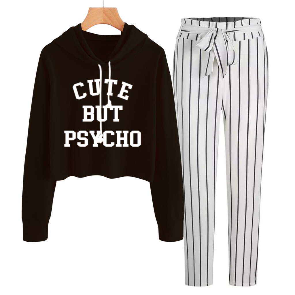 BESS - Baju Setelan Wanita Murah / Setelan Hoodie Crop + Celana Salur Putih - CUTE BUTE PSYCHO