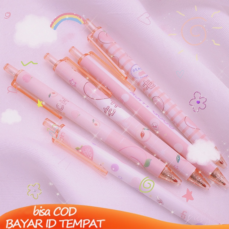 COD❤️0.5mm Tip Siswa Pola Persik Gadis Lucu Jenis Pers Pena Gel Menulis Halus Fashion Wanita Korea Aksesoris Murah Import