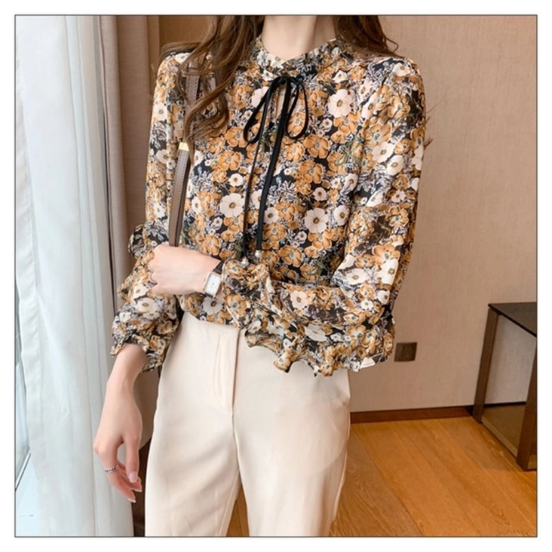 MDLV ~ 6323# Blossom Tie Neck Top Atasan Blouse Flower Baju Korea Fashion import