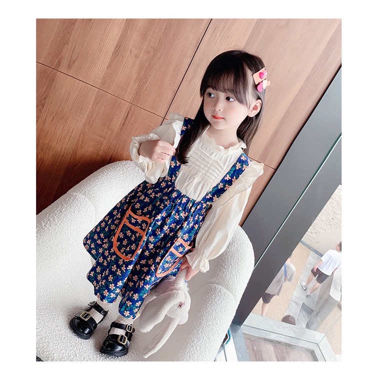 Dress import Anak Perempuan Gaun Pesta Korean Style Set 2in1 Motif Biru Bunga Pouch