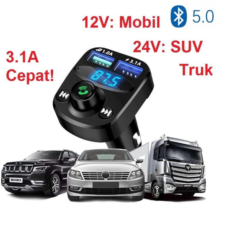 FM Transmitter Bluetooth Modulator Mobil Car Charger Dual Port USB + MP3 Player + Aux 5.0 TF Slot