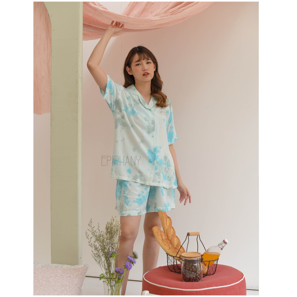 Halcyon Short-Short - Self Love Collection - Tie Dye Jumputan Baju Tidur Setelan Abu dan Hijau