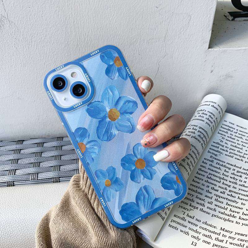 Blue Oil Painting Flowers Soft Case iP iPhone 11 12 13 Pro Max 6 6S 7 8 + Plus X XR SE 2020 XS Max Casing