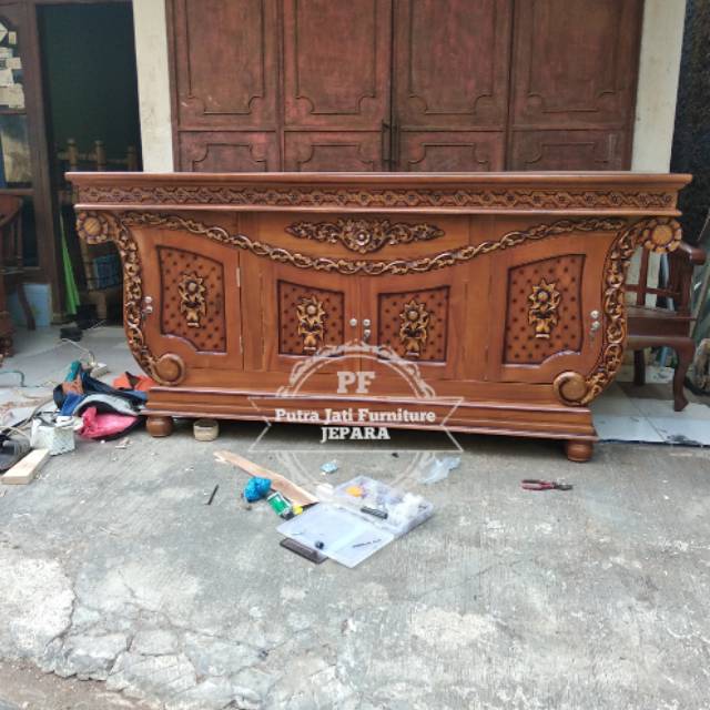 Bufet pajangan jati - lemari hias tuang tamu meja untuk Tv panjang ukir Jepara