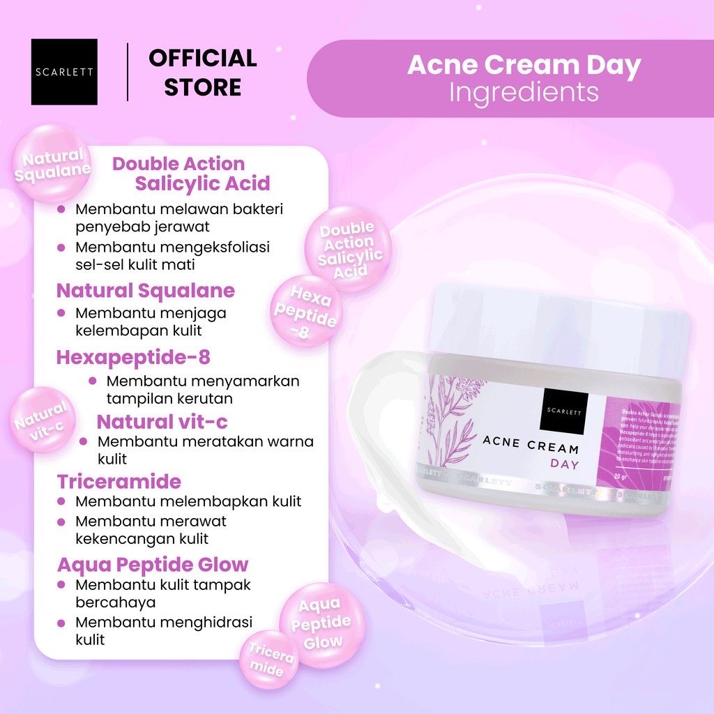 SCARLETT Whitening Acne Series Indonesia / Acne Skincare Berjerawat Face Care / Cleanser Facial Wash Essence Toner Serum Day Night Eye Cream Moisturizer Sunscreen Mask / Body Shower Scrub Lotion Hair / Package Paket / Brightly Age Delay Set Lengkap Wajah