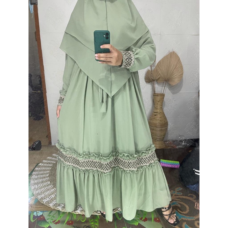 Gamis Syari Ceruty Mix Renda Depan dan Tangan | Gamis Syari Busui | Gamis Set Khimar Terbaru