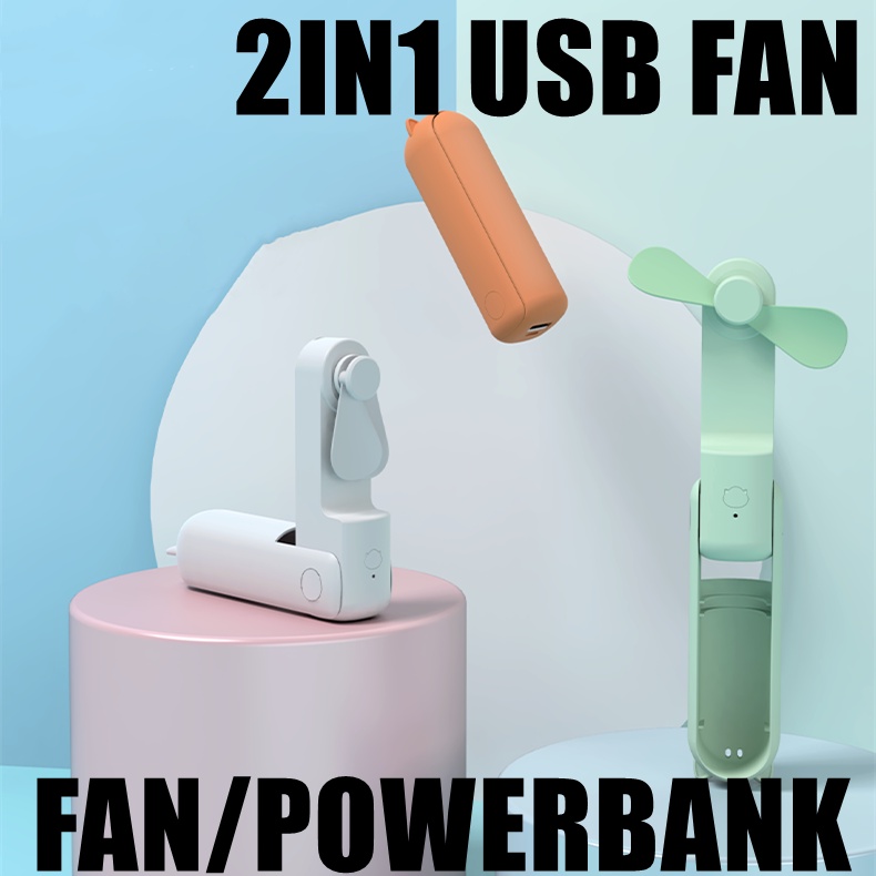 USB Kipas angin mini isi ulang 2IN1 Power Bank+ Fan/ 3IN1 Fan+Power Bank+Flashlight/Neck Fan