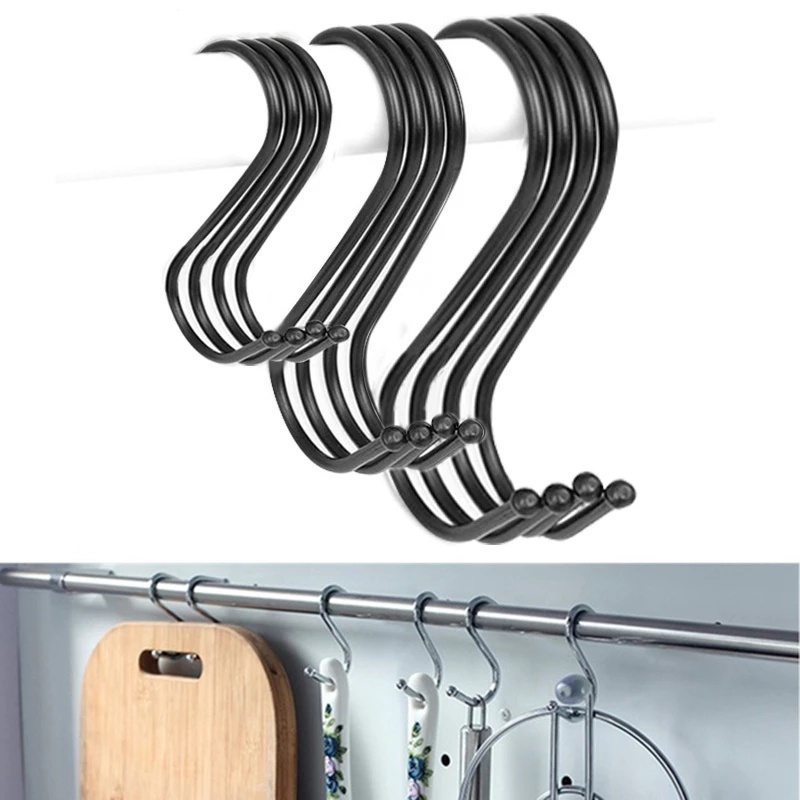 [Home Creative Black S Shaped Storage Hooks][Kitchen Pans Pots Bag Towels Hanging Holder ] [Stainless steel closet organizer ][Multifunction Bathroom KitchenSelf Adhesive Nail-Free Door Hanger Hook]