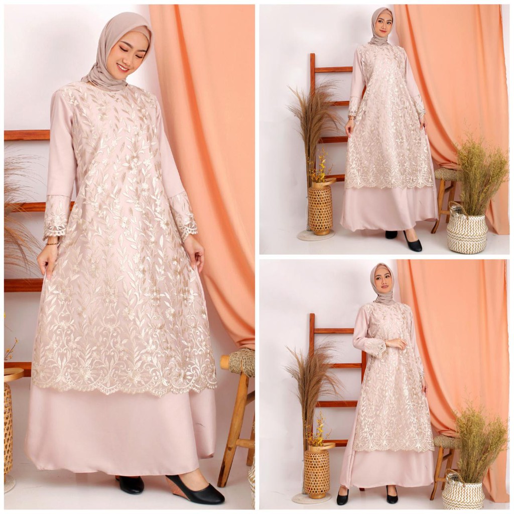 Gamis Brukat Selma Tille Bordir Mix Moscrepe Premium Gamis Pesta Tulle Maxi Dress Fashion Muslim