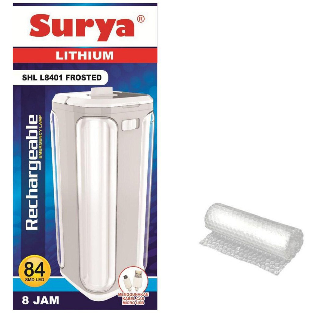 Surya Lithium Lampu LED Emergency 3 Sisi SHL L8401 FROSTED 84 SMD LED Rechargeable Tahan 8Jam