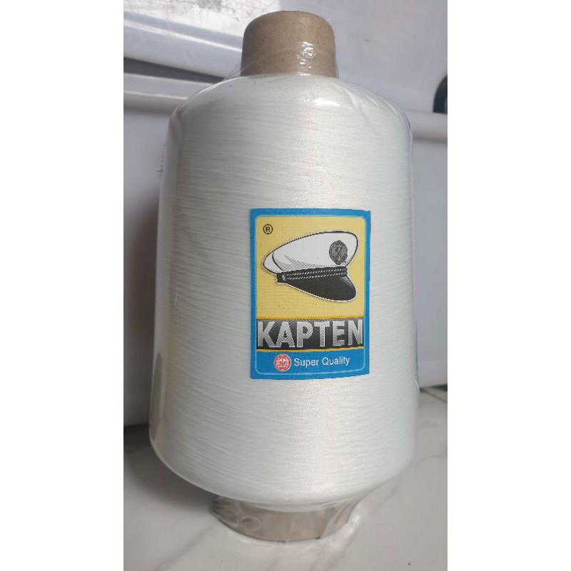 benang obras polyester besar warna putih merk kapten.