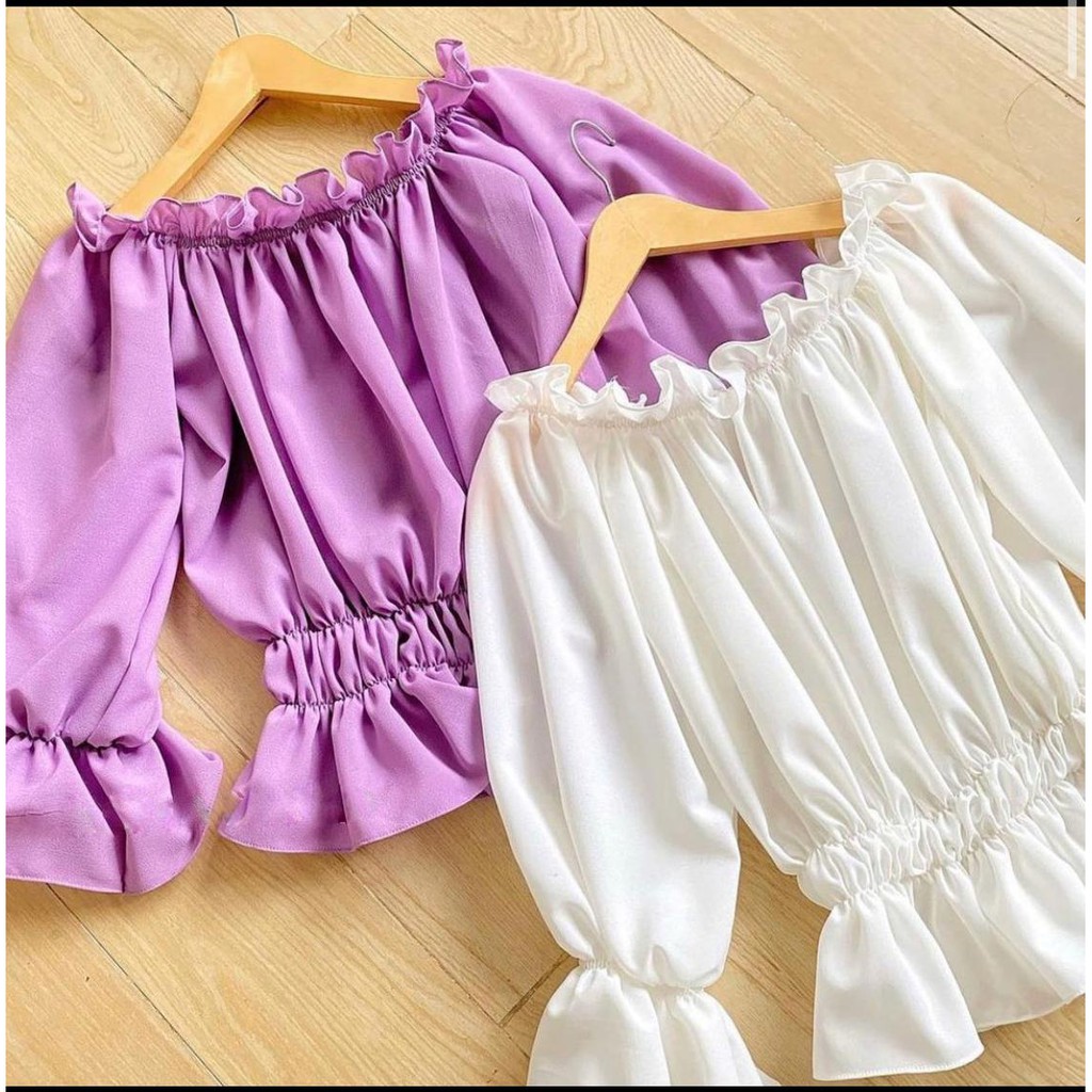 Caroline Blouse Pusatgrosir_solo/ Atasan Rampel Lengan Balon Termurah Mosscrepe Polos