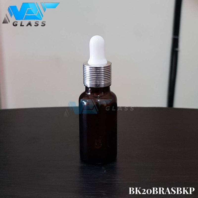 botol kaca pipet 20ml coklat / amber tebal - ring almunium silver bergaris