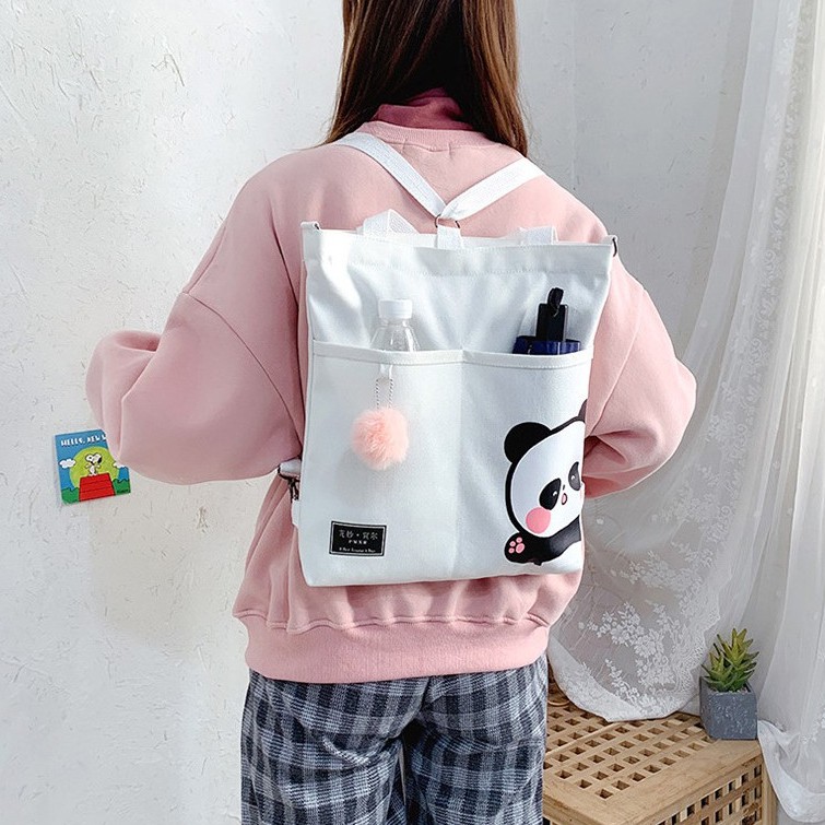 [littlecrab] Tote Bag Panda Imut Lucu Unisex Tas Totebag Resleting Multifungsi Berkualitas Tas Tote Kuliah Sekolah Motif Panda Pom-Pom Lucu Korean Style